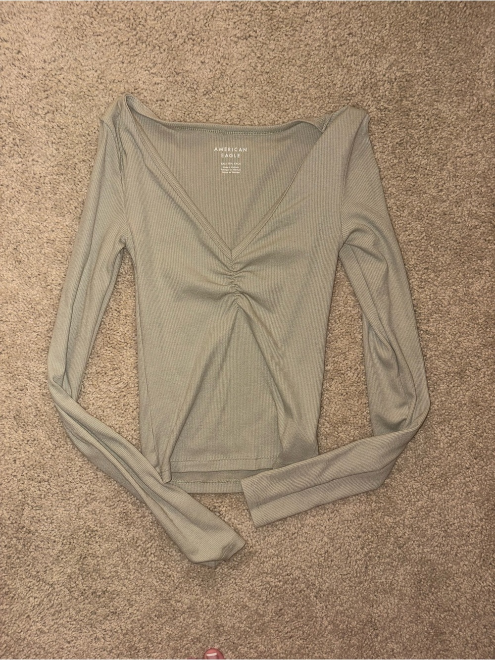American Eagle Outfitters Light Sage Ribbed V-Neck Long Sleeve Top